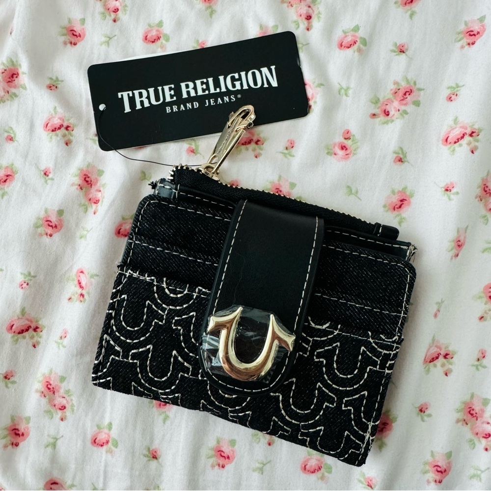 True Religion Black Quilted Coin Wallet with Silver Hardware!